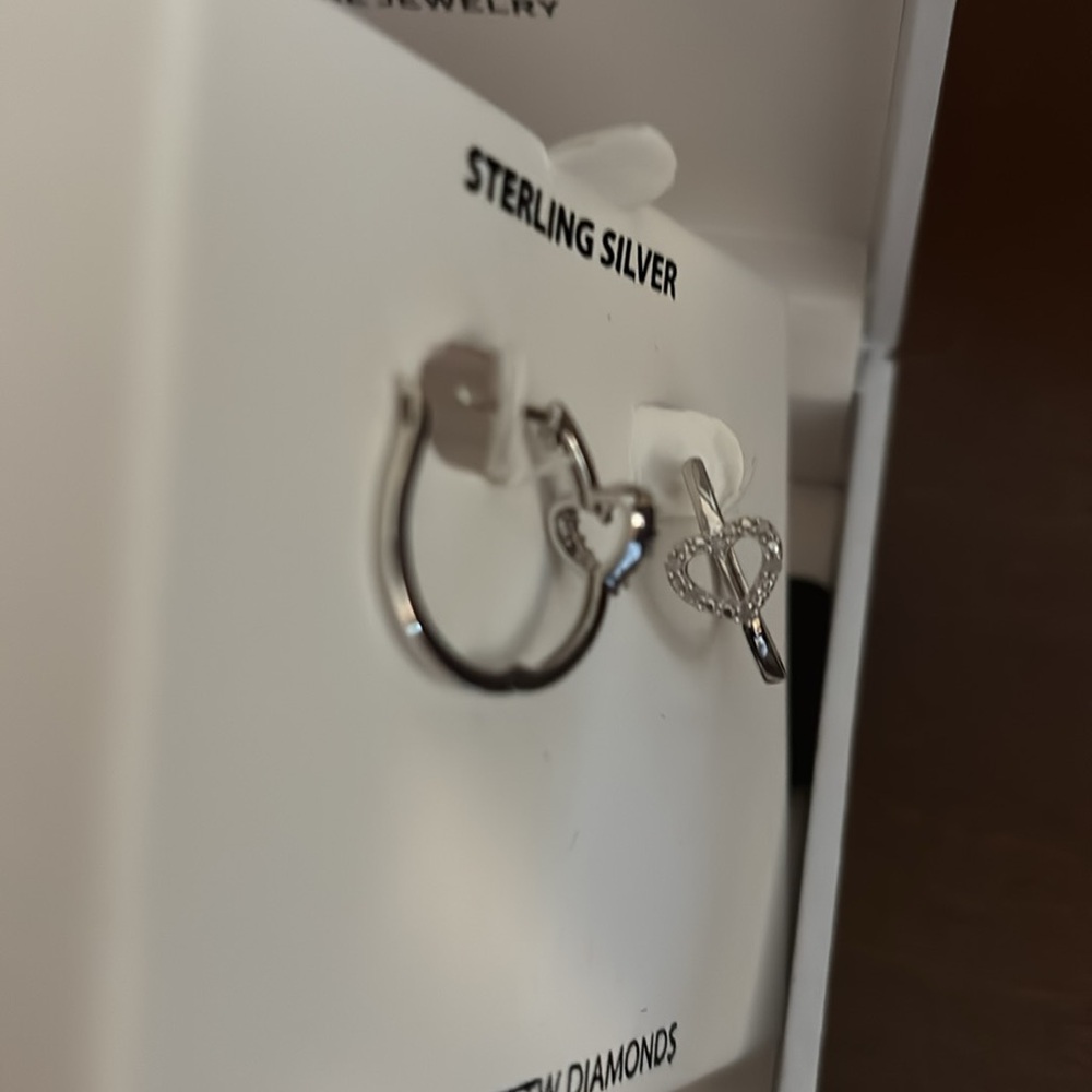 Sterling Silver Diamond Hoop heart Earrings ❤️ - Picture 6 of 6